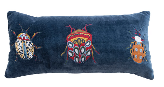 Cotton Velvet Embroidered Lumbar Pillow w/ Beetles & Chambray Back, Multi Color