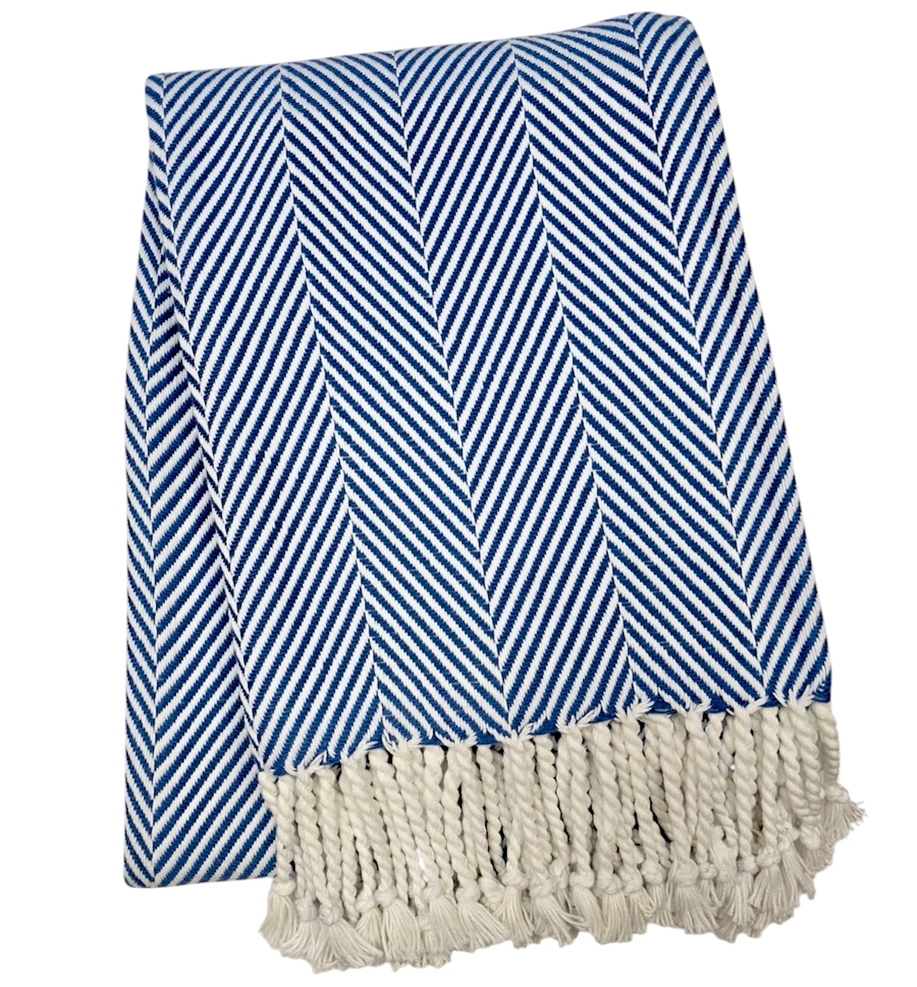 Nantucket Herringbone Throw Navy/White, Hand Knotted Fringe