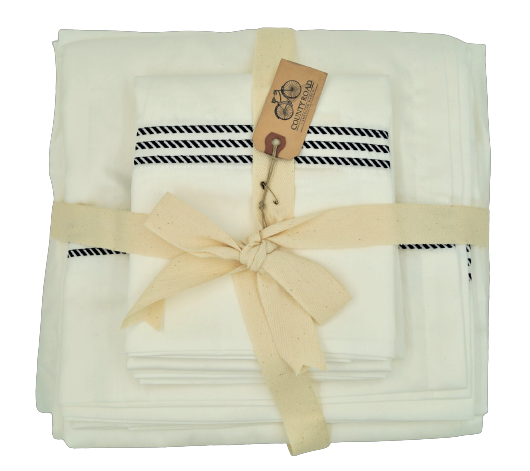 Ticking Stripe Embroidery in Navy Queen Sheet Set ***
