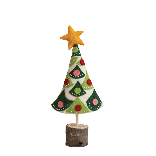 Handmade Wool Felt Tree w/ Star, Applique, Embroidery & Wood Slice Base