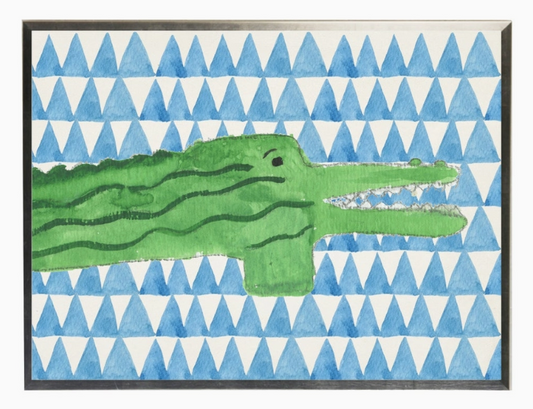 Watercolor Alligator On Blue Geometric Background