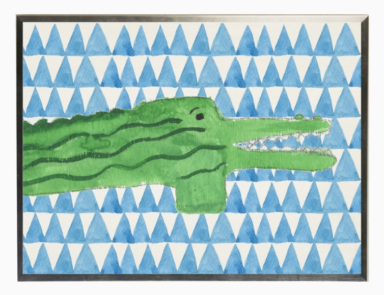 Watercolor Alligator On Blue Geometric Background - Online Only