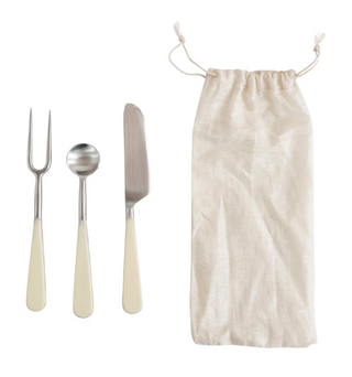 Stainless Steel and Rattan Appetizer Utensils, Set of 3 in Drawstring Bag
