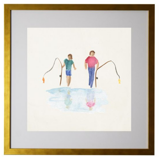 Watercolor Two People Fishing, Matted - Online Only