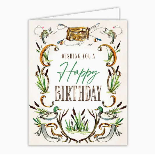 Greeting Card - Handpainted Wishing You a Happy Birthday Fishing and Hunting Border