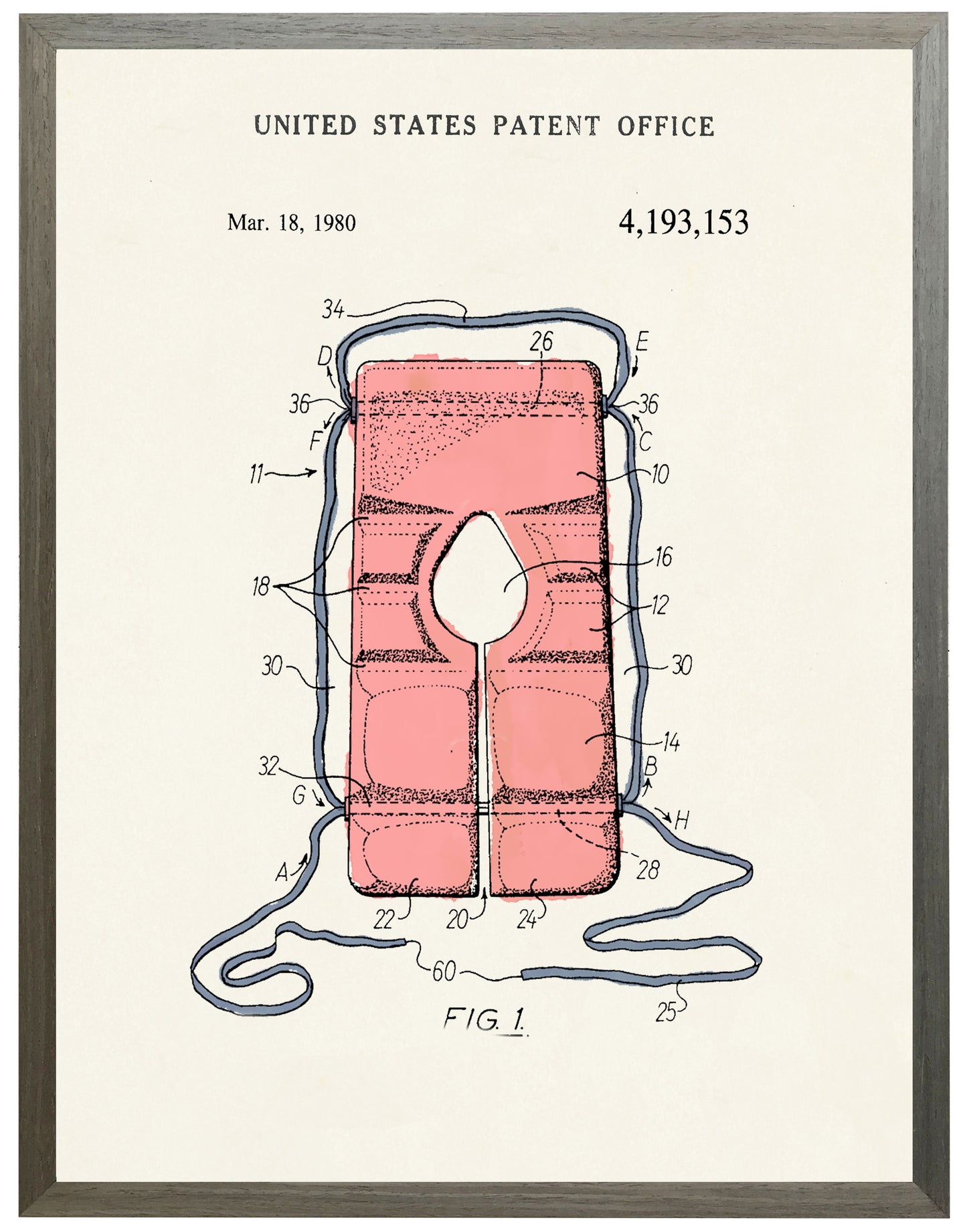 Framed Watercolor Life Jacket Patent on a Light Background 18" x 24" (84006 S)