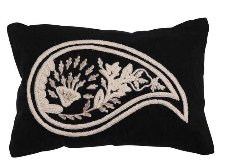 14" x 9" Woven Cotton Slub Lumbar Pillow with Embroidered Paisley