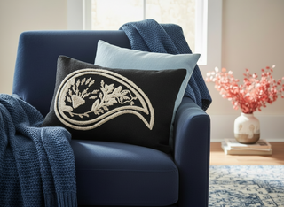 14" x 9" Woven Cotton Slub Lumbar Pillow with Embroidered Paisley
