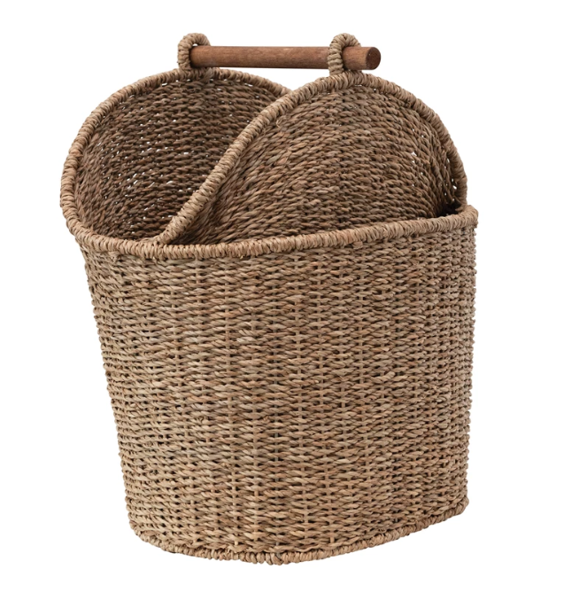 Hand-Woven Bankuan Toilet Paper/Magazine Basket with Wood Handle