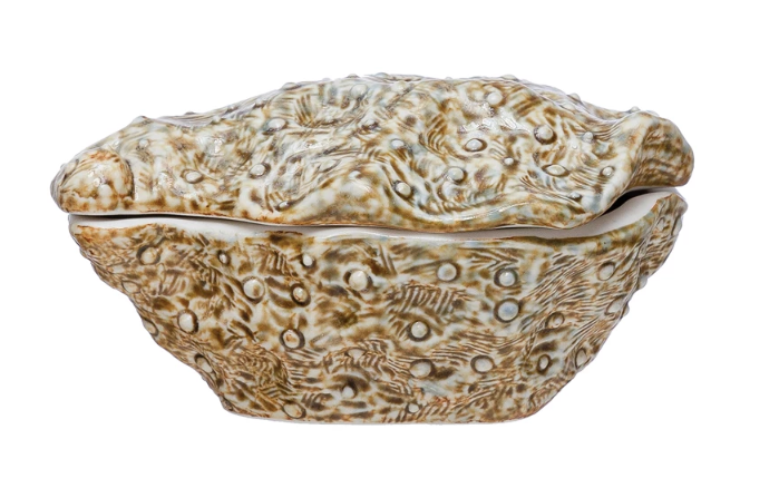 Stoneware Oyster Shell Container with Lid, Reactive Glaze