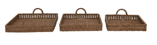 Decorative Hand-Woven Trays with Handles, Set of 3