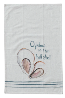 Cotton & Linen Printed Tea Towel w/ Oysters Pattern/Saying I