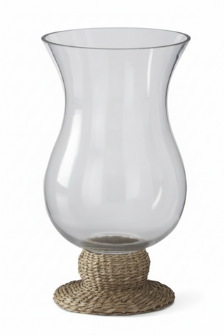 10 Inch Glass Hurricane w/Natural Grass Woven Sleeve
