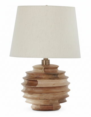 22 Inch Light Mango Wood Ribbed Round Lamp w/Shade
