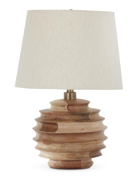 22 Inch Light Mango Wood Ribbed Round Lamp w/Shade