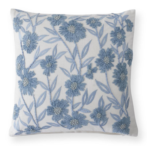 18 Inch Square White Linen & Blue Embroidered Floral Pillow