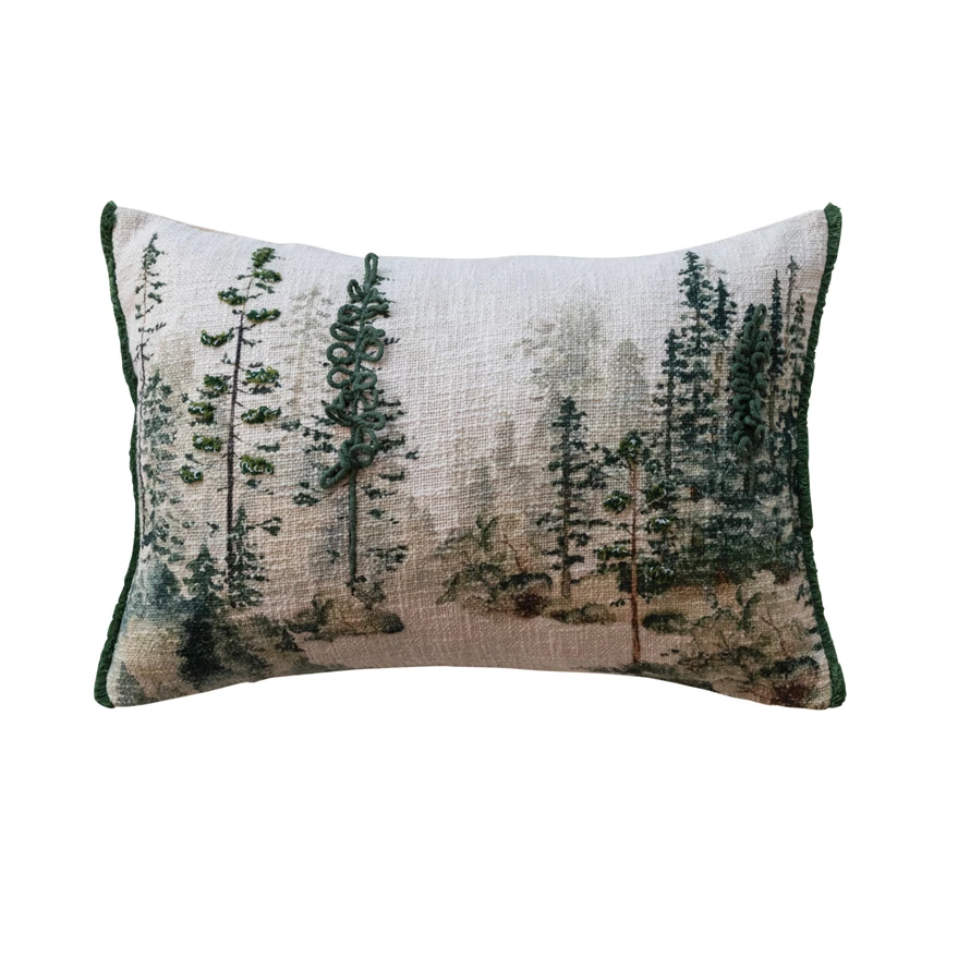 20"L x 14"H Cotton Printed Lumbar Pillow w/ Trees & Embroidery