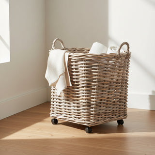 Mona Round Rattan Storage Baskets with Wheels Large
