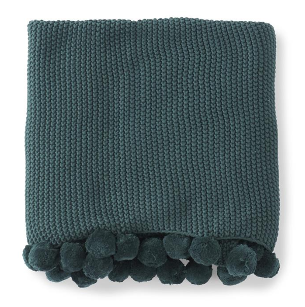 60 INCH HUNTER GREEN STITCH KNIT THROW W/POMPOM TRIM