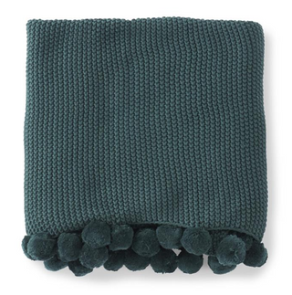60 INCH HUNTER GREEN STITCH KNIT THROW W/POMPOM TRIM
