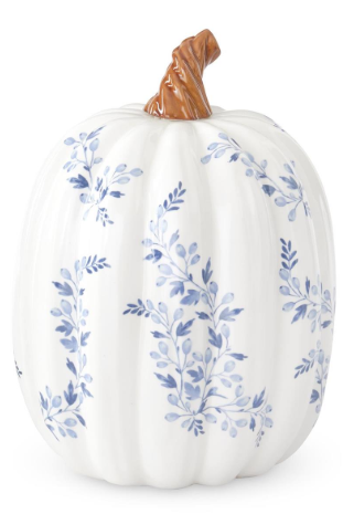 10.25 Inch White w/Blue Floral Ceramic Pumpkin