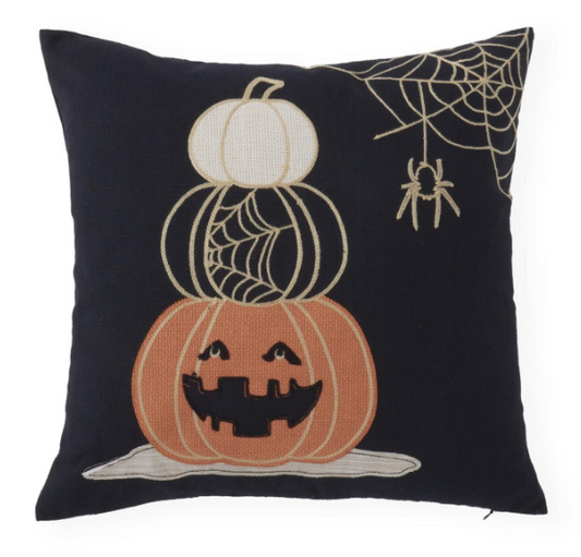 18 INCH SQUARE BLACK HALLOWEEN JACK O LANTERN STITCHED PILLOW