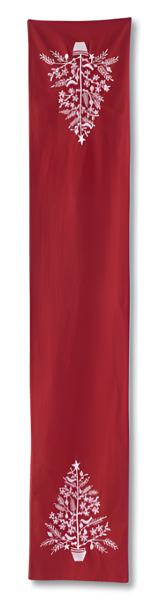 72 INCH RED TABLE RUNNER W/WHITE EMBROIDERED CHRISTMAS TREE
