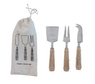 Stainless Steel Cheese Knives w/ Rattan Handles, Set of 2 in Drawstring Bag
