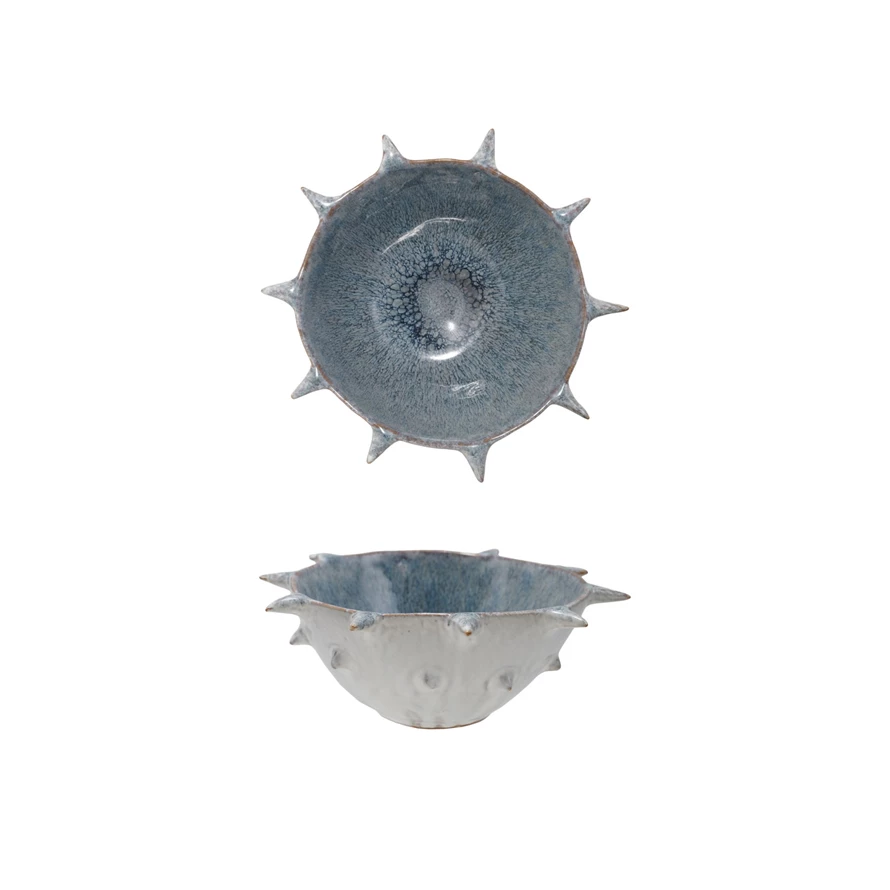 Stoneware Urchin Shaped Bowl w/ Spikes, Reactive Glaze, Blue & White