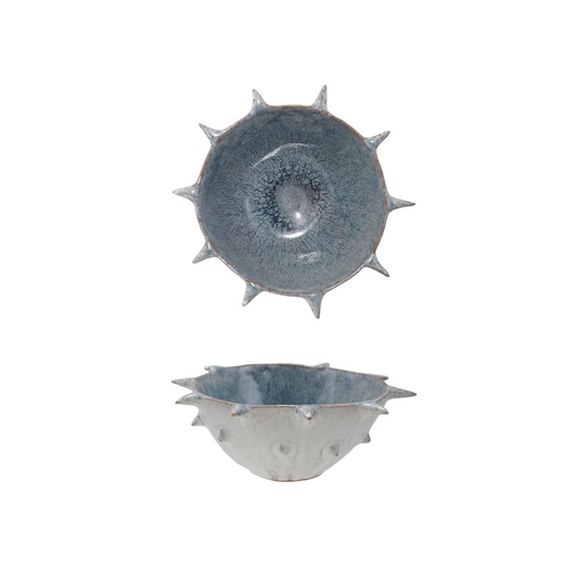 Stoneware Urchin Shaped Bowl w/ Spikes, Reactive Glaze, Blue & White