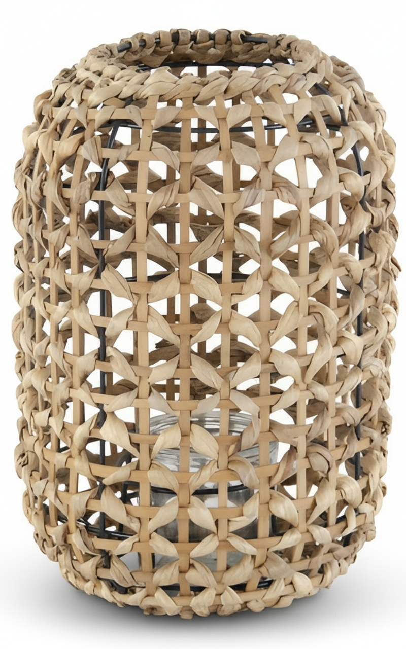 11.75 Inch Natural Water Hyacinth Grass Lantern with Glass Votive