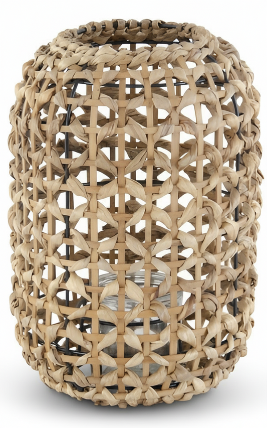 11.75 Inch Natural Water Hyacinth Grass Lantern with Glass Votive
