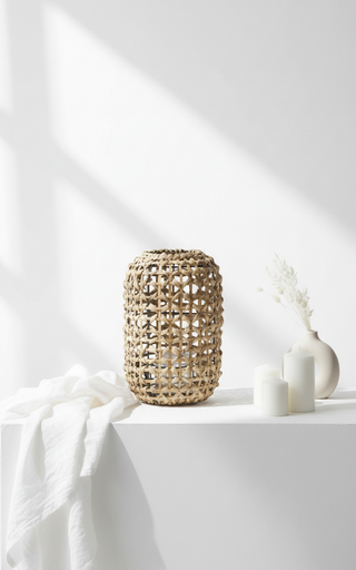 11.75 Inch Natural Water Hyacinth Grass Lantern with Glass Votive
