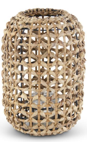 11.75 Inch Natural Water Hyacinth Grass Lantern with Glass Votive