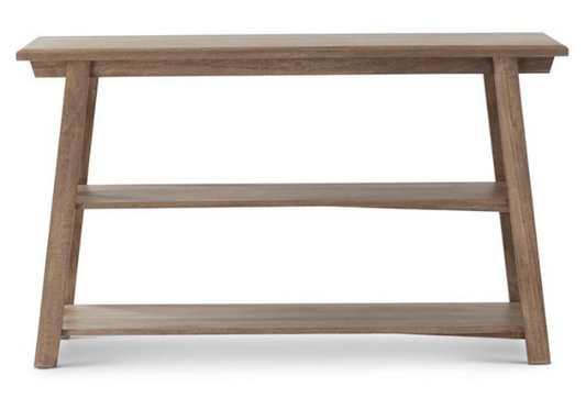 54 INCH GRAY WASHED MANGO WOOD 3 SHELF CONSOLE TABLE W/SAWHORSE LEGS