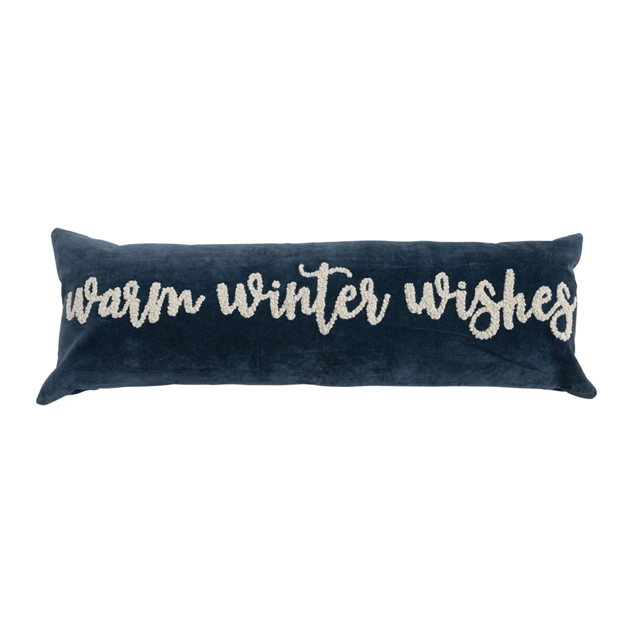 Woven Cotton Velvet Lumbar Pillow with Embroidered "Warm Winter Wishes"