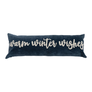 Woven Cotton Velvet Lumbar Pillow with Embroidered "Warm Winter Wishes"
