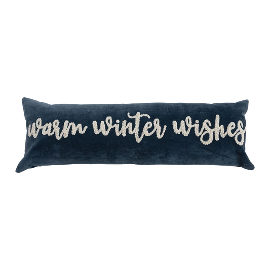 Woven Cotton Velvet Lumbar Pillow with Embroidered "Warm Winter Wishes"
