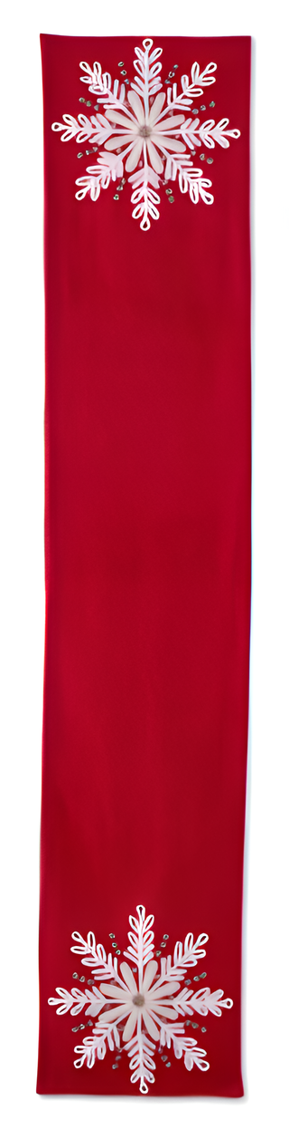 72 Inch Red Wool Table Runner w/White Beaded Snowflake Applique
