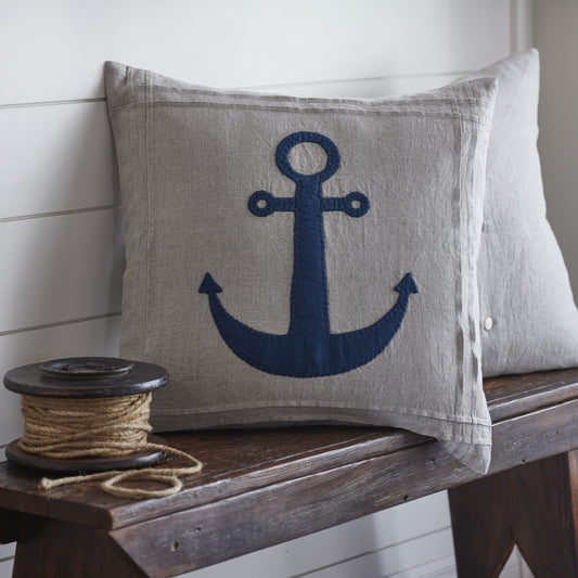 Anchor Natural Linen with Indigo Embroidery Pillow 21x21