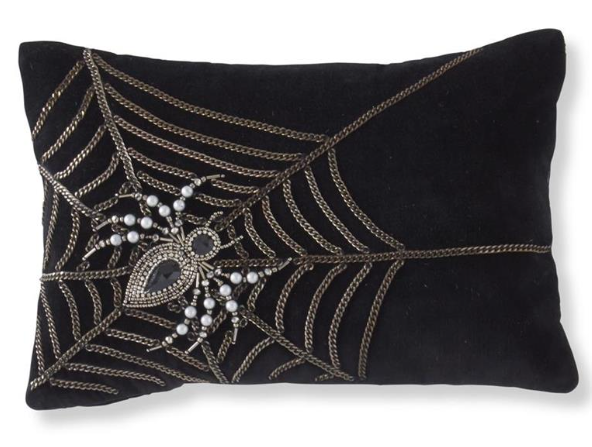 14 Inch Black Velvet Pillow w/Chain Web & Beaded Spider