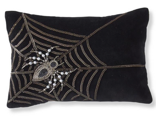 14 Inch Black Velvet Pillow w/Chain Web & Beaded Spider
