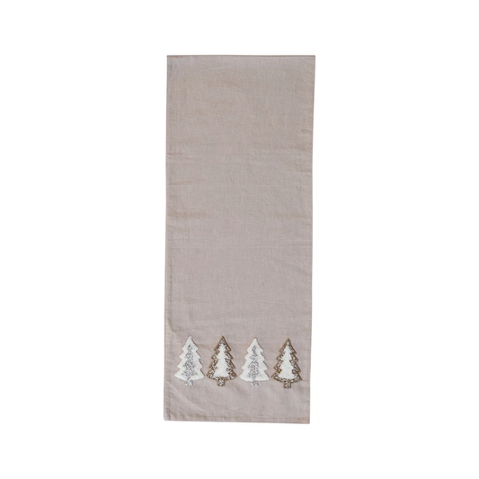 Cotton Chambray Table Runner w/ Embroidered Tufted Trees & Glass Beads