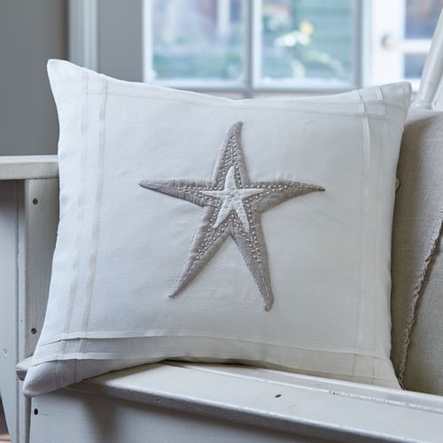 Natural Starfish on White Linen Pillow 21x21