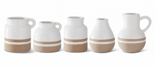 4.5 Inch White with Tan Stripes Ceramic Jug V
