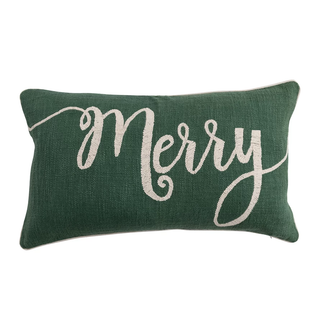 Cotton Slub Lumbar Pillow with Embroidered "Merry", Green & Natural
