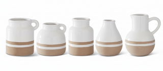 6 Inch White with Tan Stripes Ceramic Jug I

