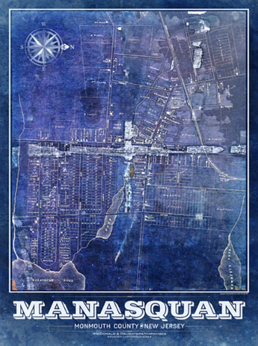 Manasquan Map Architects Blue 18x24 Distressed Gray Frame