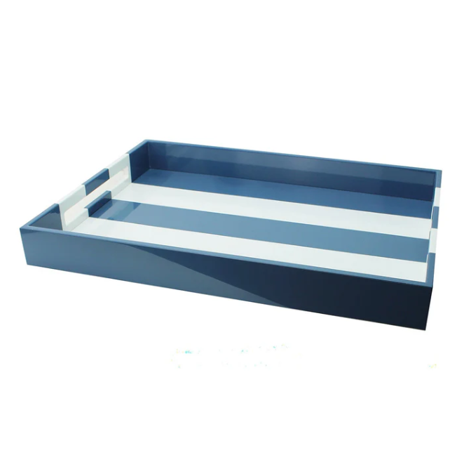 Denim Blue Striped Large Lacquered Ottoman Tray