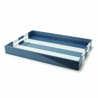 Denim Blue Striped Large Lacquered Ottoman Tray
